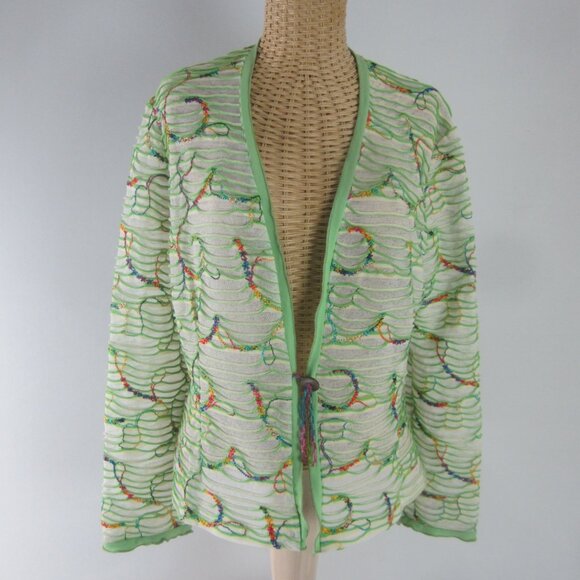 Canvasbacks Womens Large Green Multicolor Stripe Embroidered Knit Cardigan Boho - Picture 1 of 14